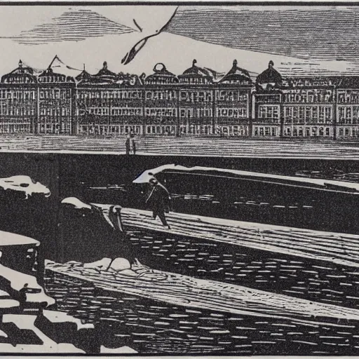 Prompt: linoprint of a salmon breaking ice on Neva river Saint-Petersburg 1905 ex libris