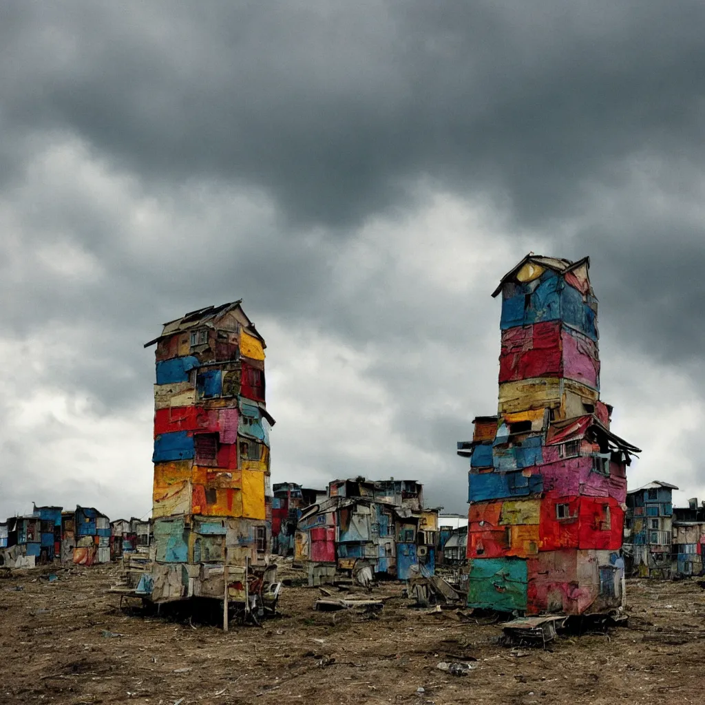 Image similar to close - up view of a tower made up of colourful makeshift squatter shacks with bleached colours, moody cloudy sky, dystopia, mamiya, very detailed, photographed by bruno barbey