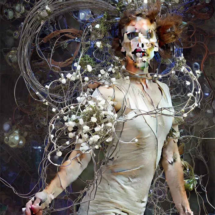 Prompt: hyperrealist portrait of a 2 0 4 4 space sport engineer, it is decorated with long wires and white petals that fall like vines and wears a huge computer crown. by jeremy mann and alphonse mucha, fantasy art, photo realistic, dynamic lighting, artstation, poster, volumetric lighting, dramatic light, very detailed faces, 8 k, award winning