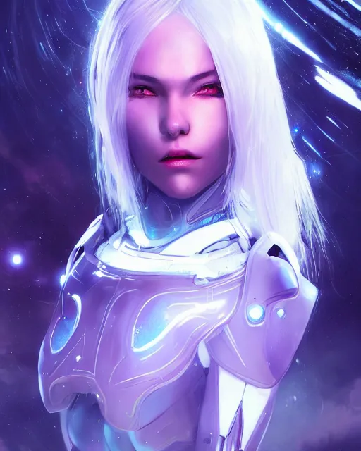 Image similar to perfect android girl on a mothership, warframe armor, beautiful face, scifi, futuristic, galaxy, nebula, raytracing, dreamy, long white hair, blue cyborg eyes, sharp focus, cinematic lighting, highly detailed, artstation, divine, by gauthier leblanc, kazuya takahashi, huifeng huang