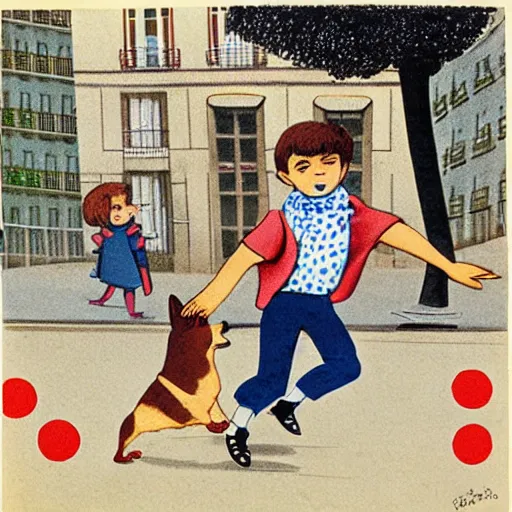 Image similar to book illustration of a french boy on the streets of paris playing football against a corgi, the dog is wearing a polka dot scarf, 1 9 6 6