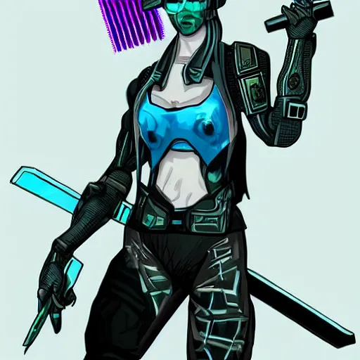 Prompt: character concept art of a cyber punk woman wielding a katana