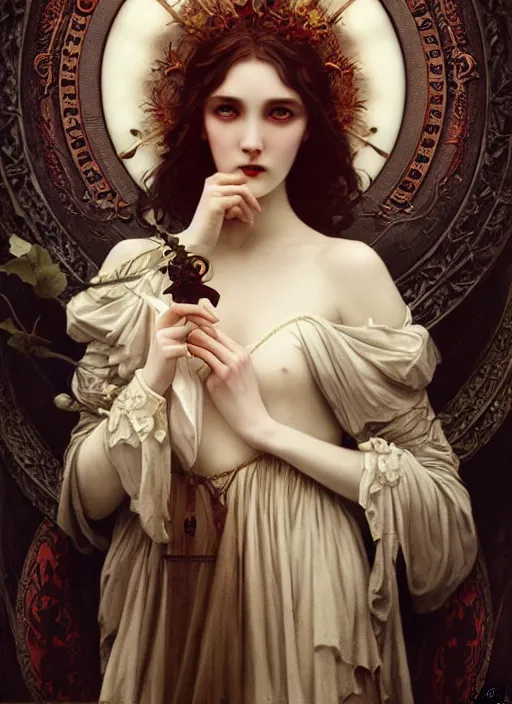 Prompt: majestic gothic vampire porcelain skin girl movie poster, art style by edmund leighton, tom bagshaw, alphonse mucha, exquisite digital art, iconic, masterpiece, organic painting, photorealistic, ornate and hyper detailed
