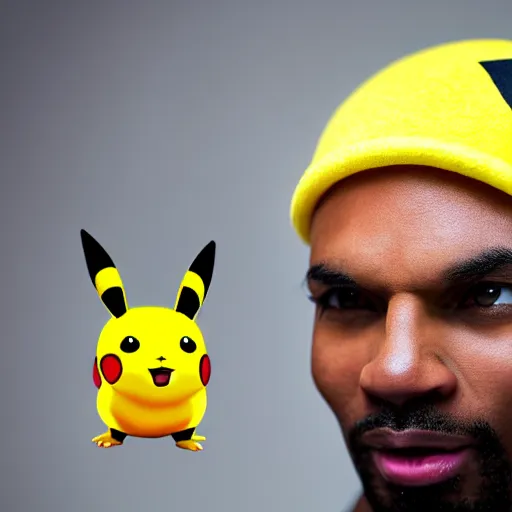 Image similar to a bald black man with a pikachu hat, close up