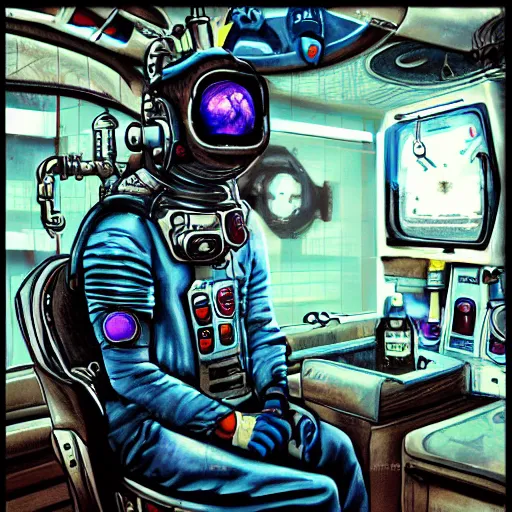 Image similar to old man in exosuit standing behind futuristic bar on space station, face tattoos, punk, grunge, rough, paint, scratchy, science fiction, cyberpunk, retrofuture, illustration