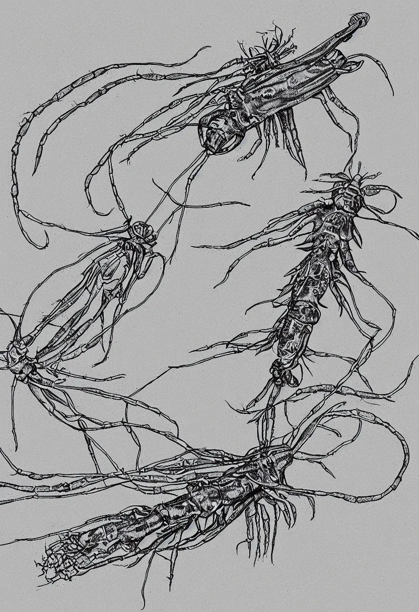 Image similar to parasitic copepod line drawing scientific illustration labelled diagram black and white