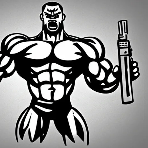 Image similar to cartoon muscular man, angry holding a oversized gun