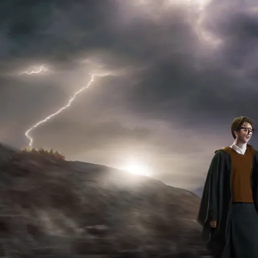 Prompt: Harry potter standing and holding a short wand, magic aura, side view, thunderclouds, cinematic shot, wide shot, epic scale, waving robe movement, photorealistic detail and quality, intricate cobblestone, floating rocks, particle effects, movie still, nighttime, crescent moon, sharp and clear, action shot, intense scene, visually coherent, symmetry, rule of thirds, movement, photorealistic colors, cool colors transitioning to warm colors, modest tone, award winning, directed by Steven Spielberg, Christopher Nolan, Tooth Wu, Asher Duran, artstation