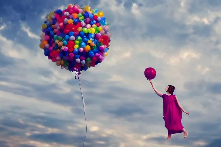 Image similar to she let the balloon float up into the air with her hopes and dreams. photo - realistic hd, hyperrealism, colourful, highly detailed, cinematic, luminescence, 3 2 k, dop, high contrast, intricate, mystery, epic, fantasy