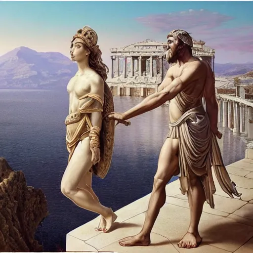 Image similar to young ancient greek godess in helmet, giant gray-haired bearded male head in background, ancient greek temple in background, by David Ligare, wide angle landscape, award winning masterpiece with incredible details, epic stunning, infinity pool, highly detailed, trending on ArtStation, artgerm and greg rutkowski and alphonse mucha, IAMAG, broken giant marble head statue ruins, golden hour