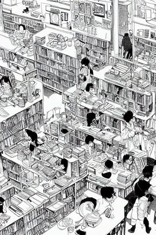 Prompt: surreal line art by kim jung gi!, an extremely busy coffee and book shop store, couches and chairs and tables, lazy women and men everywhere drinking and eating, rule of third!!!!, line art, 8 k, super detailed, high quality, isometric view