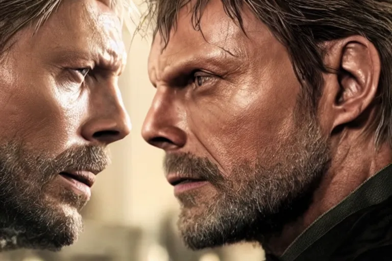 Image similar to Mads Mikkelsen as Solid Snake in Metal Gear Solid (2022), side view profile, high-quality 4k