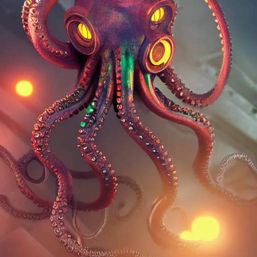 Image similar to steampunk octopus, portrait, robot, concept art, rim light, sharp focus, tilt shift, octane render, anime, highly detailed, colorful, iridescent