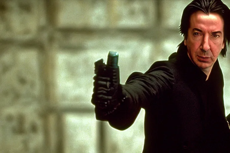 Image similar to film still of Alan Rickman as Neo in The Matrix 1999