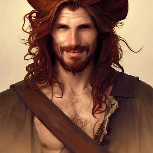 Prompt: portrait of a young ruggedly handsome but joyful pirate, male, masculine, upper body, crimson hair, long hair, d & d, fantasy, smirk, intricate, elegant, highly detailed, digital painting, artstation, concept art, matte, sharp focus, illustration, art by artgerm and greg rutkowski and alphonse mucha