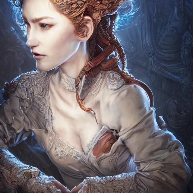 Prompt: the portrait of chaotic neutral female rogue as absurdly beautiful, gorgeous, elegant, innocent young woman, an ultrafine hyperdetailed illustration by kim jung gi, irakli nadar, intricate linework, bright colors, octopath traveler, final fantasy, unreal engine 5 highly rendered, global illumination, radiant light, detailed and intricate environment