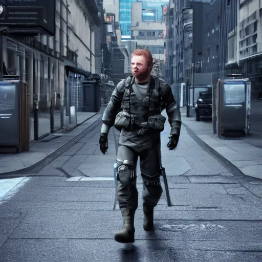 Image similar to Limmy on the streets of Glasgow dressed a solid snake from metal gear solid, unreal engine, octane render, 4k, cinematic,