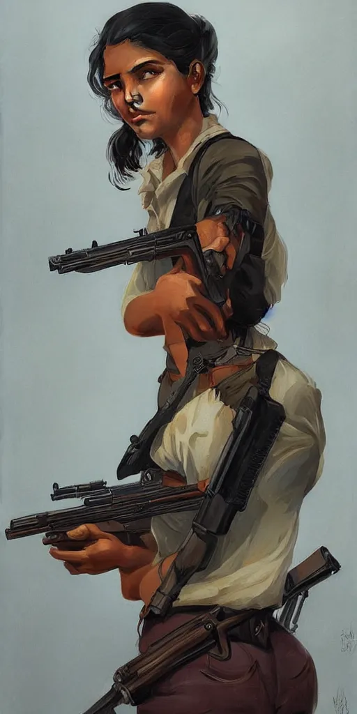 Image similar to sri lankan girl with a gun, angery emotion, intricate, elegant, highly detailed, digital painting, artstation, concept art, smooth, sharp focus, illustration, art by artgerm and greg rutkowski and alphonse mucha