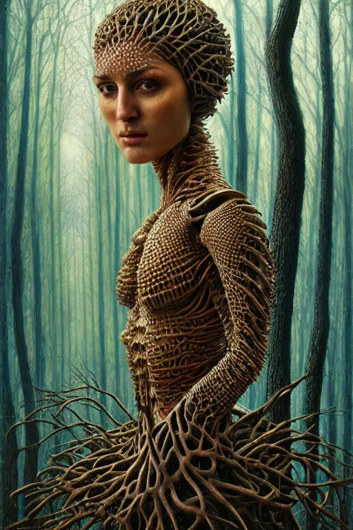 Prompt: hyperrealistic expressive! middle-eastern woman with detailed exoskeleton armor, merging with tree in a forest, matte painting masterpiece brad kunkle hannah yata dramatic blue light low angle hd 8k sharp focus