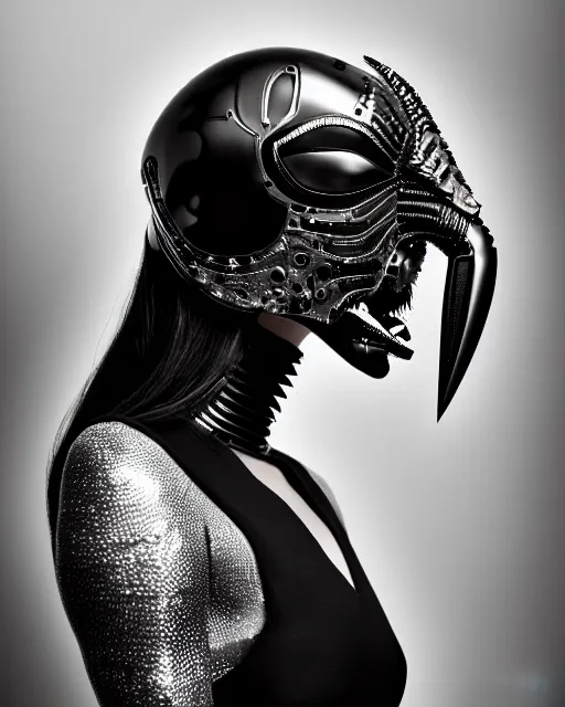 Image similar to a profile portrait, a stunning young woman - cyborg with a mutant crow head, editorial photography, bw, by roman sustov, by hr giger, shot on 7 0 mm, depth of field, f / 2. 8, high contrast, 1 6 k, volumetric lighting, shiny, insanely detailed and intricate, hypermaximalist, elegant, ornate