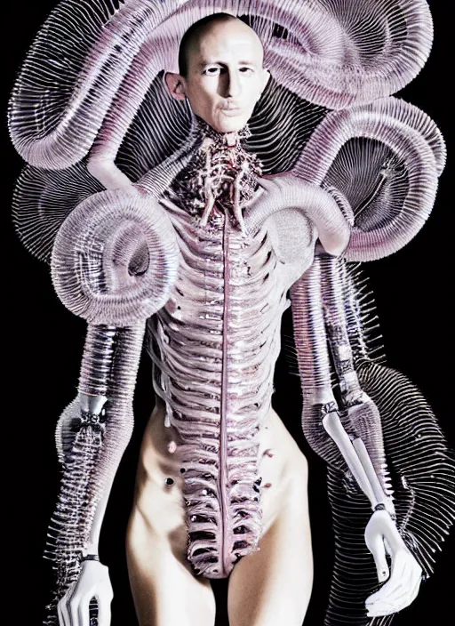 Image similar to walking down the catwalk, steven klein, mert alas and marcus piggott, show, stage, vogue photo, podium, fashion show photo, iris van herpen, beautiful woman, full body shot, masterpiece, inflateble shapes, plant predator, guyver, jellyfish, wires, veins, biomechanical details, bionic cyborg implants, colourfull