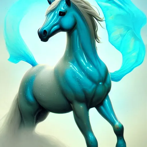 Prompt: a fantastical transparent small turquoise horse made of water and foam, ethereal, noble, radiant, hyperalism, scottish folklore, digital painting, artstation, concept art, smooth, 8 k frostbite 3 engine, ultra detailed, art by artgerm and greg rutkowski and magali villeneuve