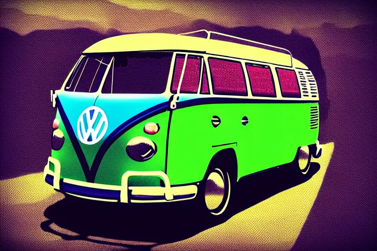 Image similar to vw bus!, in the style of john avon and derek riggs and eva widermann, trending on artstation, halfrear lighting closeup view anaglyph filter, bokeh, anime, colored pencil art, belle epoque