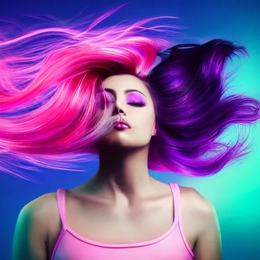 Image similar to a award winning half body portrait of a beautiful woman in a croptop with a ombre purple pink teal hairstyle with head in motion and hair flying, outrun, vaporware, vivid colors, highly detailed, fine detail, intricate