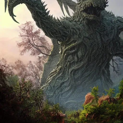 Prompt: a giant kaiju made of plants and twisting vines rising above the forest. fantasy art by daren bader and joan tuset, trending on artstation.