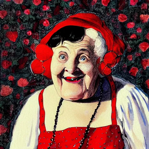 Prompt: of a very funny academic style mixed media style. a sweet fat old woman is in love with her self. flowery dress. symmetrical face, red mouth, blue eyes. a flowery dress. deep focus, lovely scene. a very funny and sweet picture. unreal engine. pencil and ink. goya painting style.