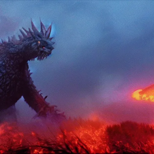 Prompt: low - resolution filmstill of a kaiju monster, fog, smoke, fire, red and blue hues, thriller, underdeveloped, flare, epic, dramatic