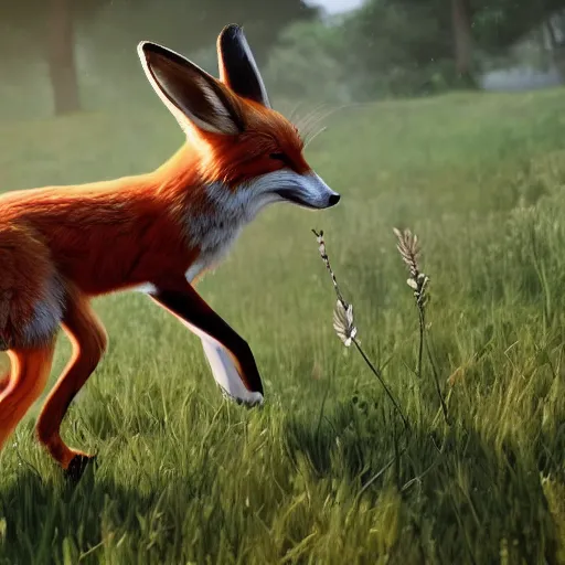 Image similar to A photorealistic fox robbing a bunny and running away with the loot