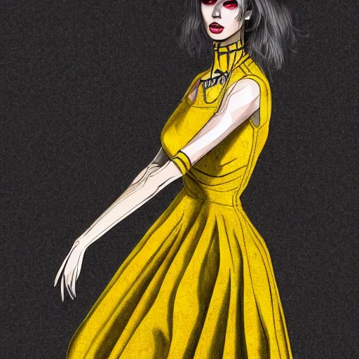 Prompt: a woman wearing a yellow dress with one leg revealed, detailed body structure, detailed face with pink lips and blue eyes, gothic atmosphere, digital art, highly detailed, high contrast, beautiful lighting, award winning, trending on art station, photorealistic, 8 k,