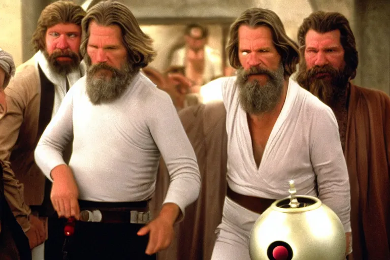 Image similar to Jeff Bridges from The Big Lebowski, bowling, in the Mos Eisley Cantina from Star Wars