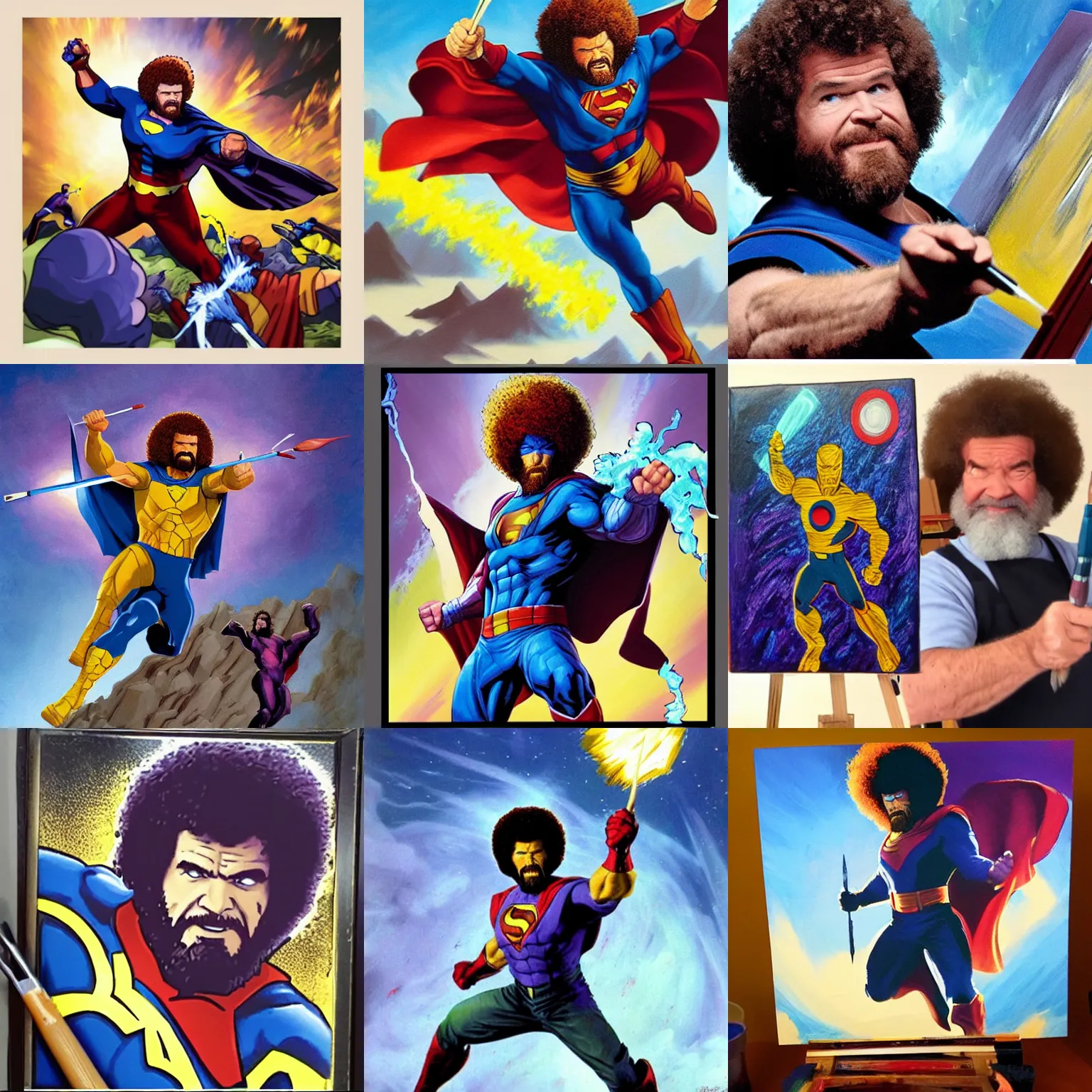Prompt: action shot of superhero Bob Ross fighting Thanos using a paintbrush and palette