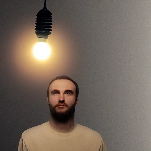 Prompt: man with a lightbulb for a head, volumetric lighting