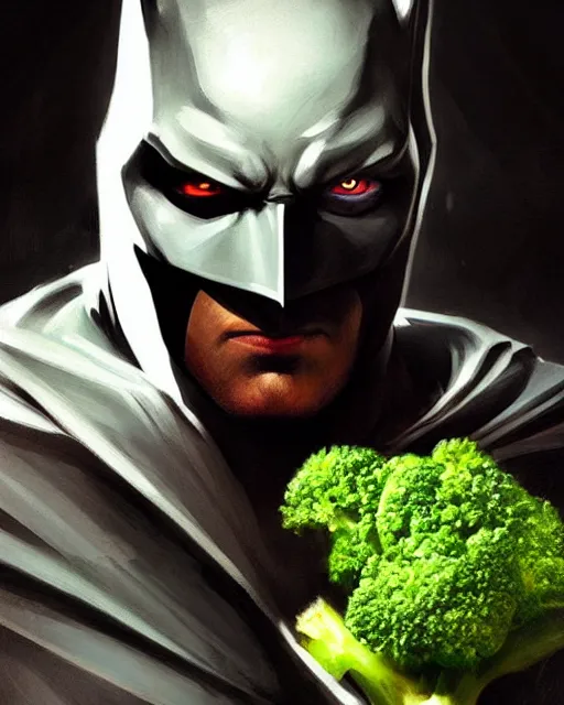 Image similar to Close-up stunning portrait of Batman eating broccoli, digital painting, concept art, highly detailed, digital painting, Trending on Artstation, 8K, by artgerm and greg rutkowski and alphonse mucha