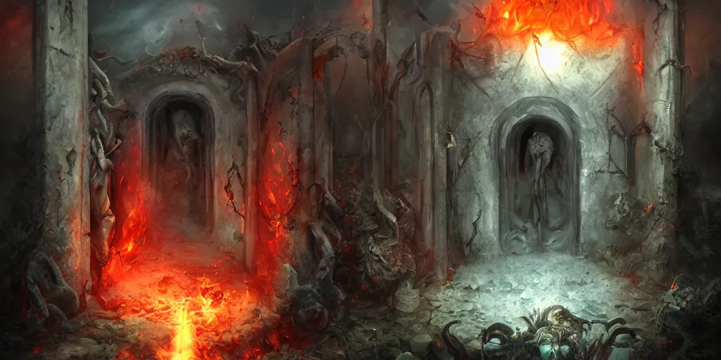 Prompt: portal to a hell dimension full of pain and misery, in a cemetery, in the style of Raymond Swanland