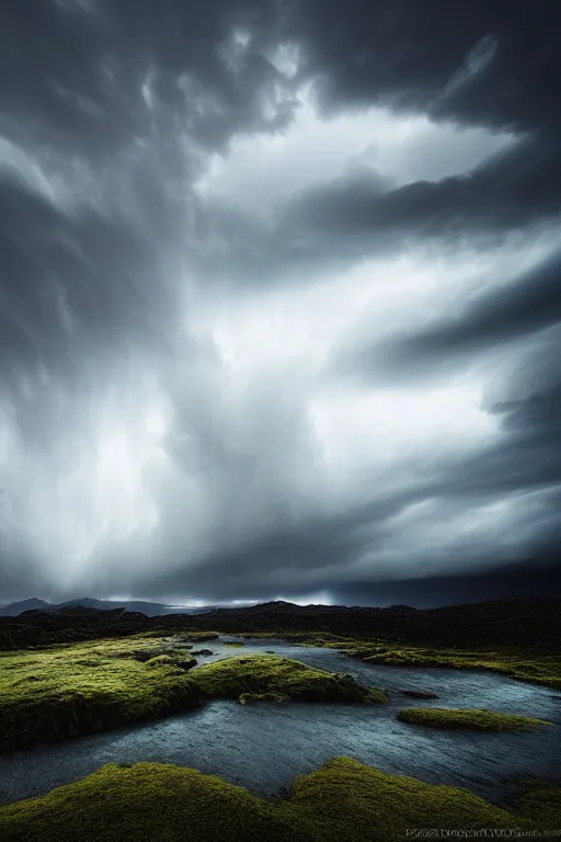 Image similar to a stunning landscape by daniel kordan, stormy weather, extreme detail photo quality, dark moody colors, featured on behance