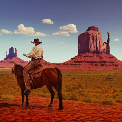 Image similar to the wild west, cowboys riding horses, monument valley, blue sky, american romanticism, masterpiece, oil painting, 4 k render