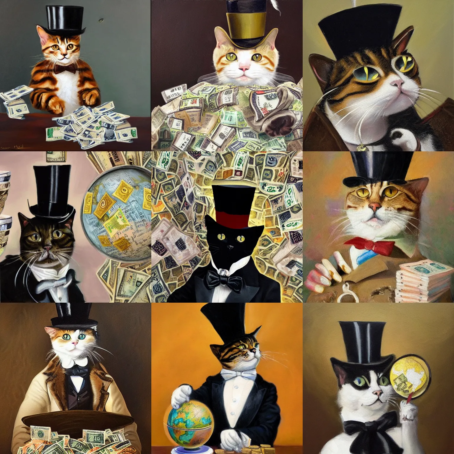Prompt: An oil painting of a cat wearing a top hat surrounded by bags of money with its paw on a globe, award winning art