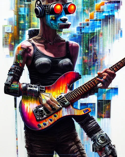 Prompt: a portrait of an anthropomorphic cyberpunk lhama shredding an electric guitar by sandra chevrier, by jon foster, detailed render, tape deck, epic composition, cybernetics, 4 k realistic, cryengine, realistic shaded lighting, sharp focus, masterpiece, by enki bilal