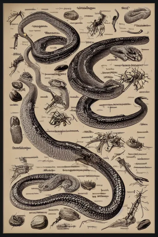 Image similar to anatomical encyclopedia illustration of a snake, photorealistic, diagram, intricate details
