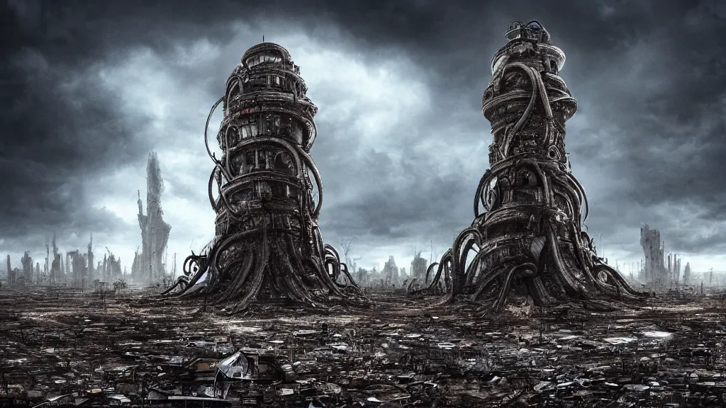 Image similar to A tower with an Eyeball at the top, BioMechanical like Giger, with tentacles coming out, looking over a stormy post-apocalyptic wasteland, dystopian art, wide lens