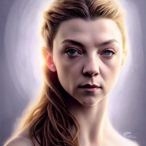 Image similar to beautiful striking Pre-Raphaelite Natalie Dormer by Artgerm and Greg Rutkowski, pale, intricate, elegant, highly detailed, digital painting