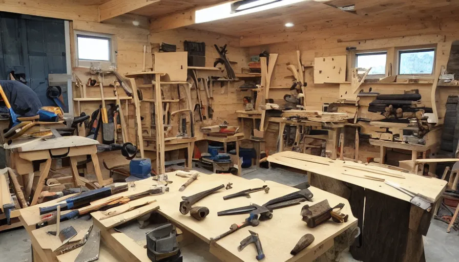 Image similar to A wood workers workshop with a lot of tools