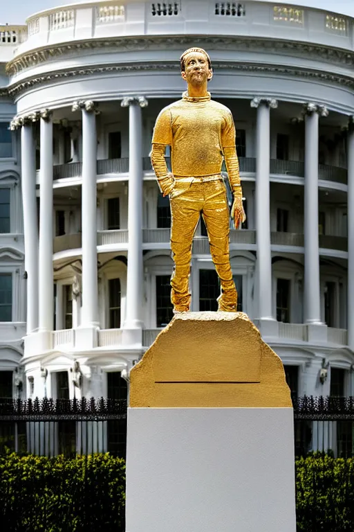 Image similar to A beautiful gold stone statue of Mark Zuckerberg in front of White House, photo by Steve McCurry, heroic pose, detailed, smooth, smiling, professional photographer