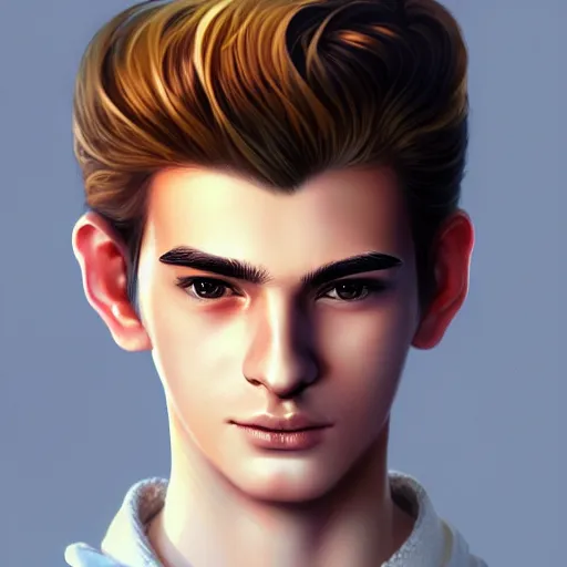 Prompt: colorful Captivating teenage boy with brown blond short quiff hair and facial structure like andrew garfield, brown eyes with red eye markers, slim body, wearing a detailed Japanese kimono with golden details, atmospheric lighting, painted, intricate, 4k, highly detailed by Charlie Bowater