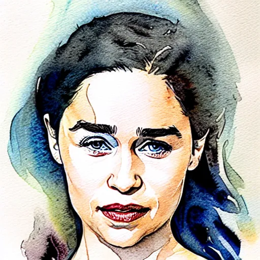 Image similar to portrait of emilia clarke by francis picabla, pen and watercolor wash on cardboard