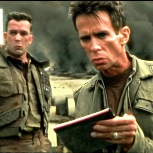 Prompt: movie still of derek zoolander in saving private ryan, using blue steel against germans